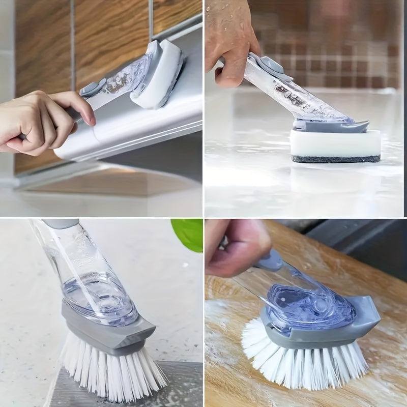 3pcs Set of Long-Handle Dishwashing Brushes with Liquid Soap Dispenser, Durable Scrubbing Sponge for Kitchen Cleaning, Easy-Fill Pot Washing Cleaning Brush Tool, Cleaning Supplies.