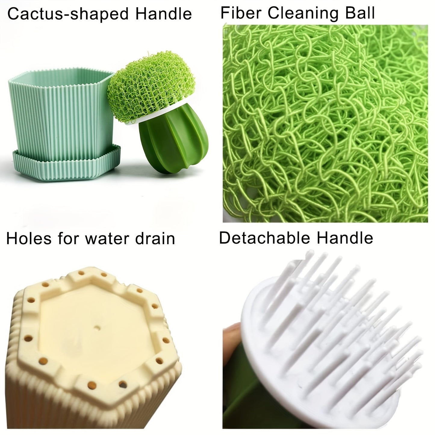 5pcs Durable Cactus Mini Brush Set with Drip Tray - Kitchen Scrubbers for Dishes, Pots & Sinks with 3 Replaceable Heads