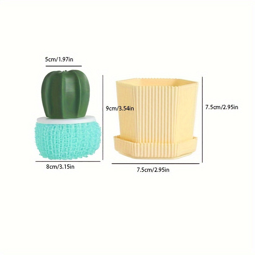 5pcs Durable Cactus Mini Brush Set with Drip Tray - Kitchen Scrubbers for Dishes, Pots & Sinks with 3 Replaceable Heads