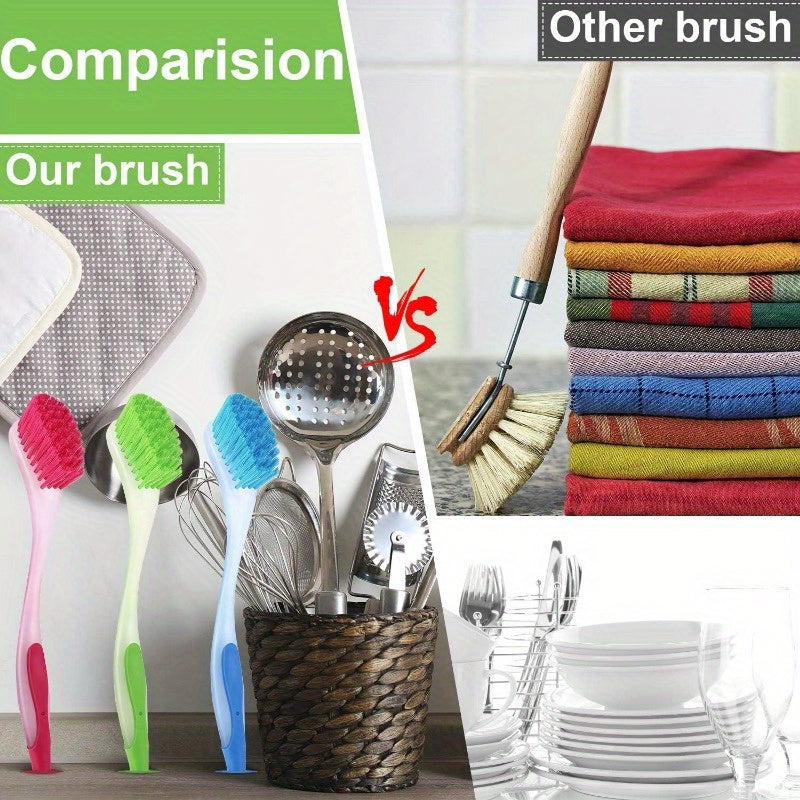 5pcs Long Handle Dish Brushes in Assorted Colors with Suction Cup Base - Durable Plastic, Ergonomic Grip for Kitchen & Bathroom Cleaning, Multipurpose Cleaner|Colorful Design|Durable Plastic Brush, Cleaning Brush