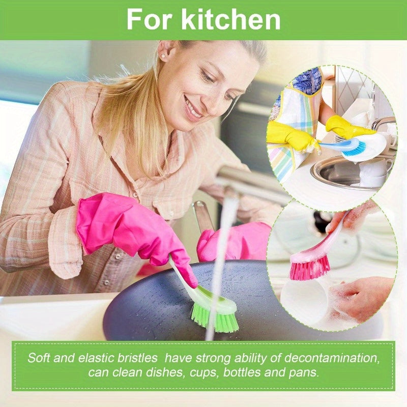 5pcs Long Handle Dish Brushes in Assorted Colors with Suction Cup Base - Durable Plastic, Ergonomic Grip for Kitchen & Bathroom Cleaning, Multipurpose Cleaner|Colorful Design|Durable Plastic Brush, Cleaning Brush