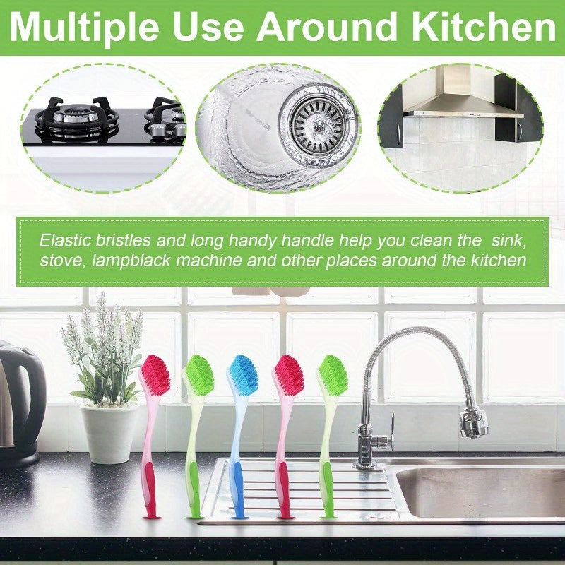 5pcs Long Handle Dish Brushes in Assorted Colors with Suction Cup Base - Durable Plastic, Ergonomic Grip for Kitchen & Bathroom Cleaning, Multipurpose Cleaner|Colorful Design|Durable Plastic Brush, Cleaning Brush