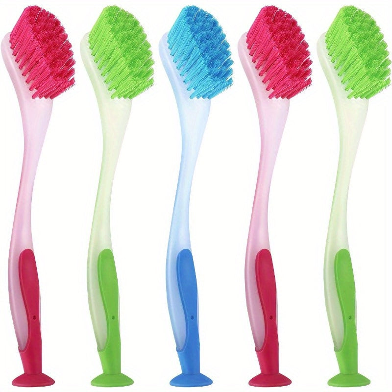 5pcs Long Handle Dish Brushes in Assorted Colors with Suction Cup Base - Durable Plastic, Ergonomic Grip for Kitchen & Bathroom Cleaning, Multipurpose Cleaner|Colorful Design|Durable Plastic Brush, Cleaning Brush