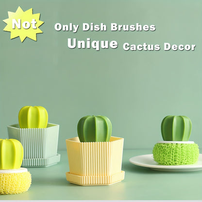5pcs Durable Cactus Mini Brush Set with Drip Tray - Kitchen Scrubbers for Dishes, Pots & Sinks with 3 Replaceable Heads