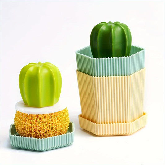 5pcs Durable Cactus Mini Brush Set with Drip Tray - Kitchen Scrubbers for Dishes, Pots & Sinks with 3 Replaceable Heads