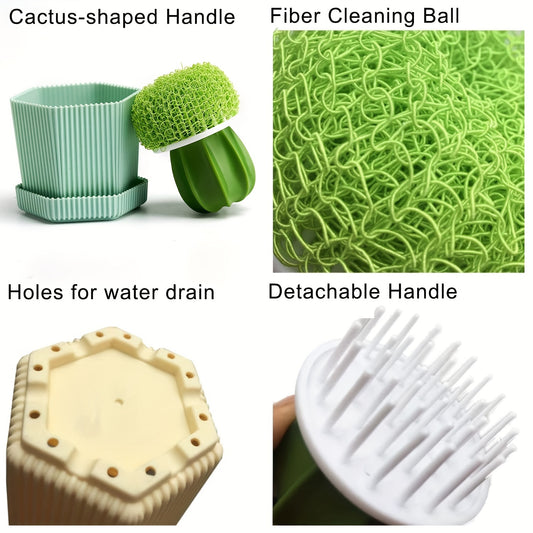 5pcs Durable Cactus Mini Brush Set with Drip Tray - Kitchen Scrubbers for Dishes, Pots & Sinks with 3 Replaceable Heads