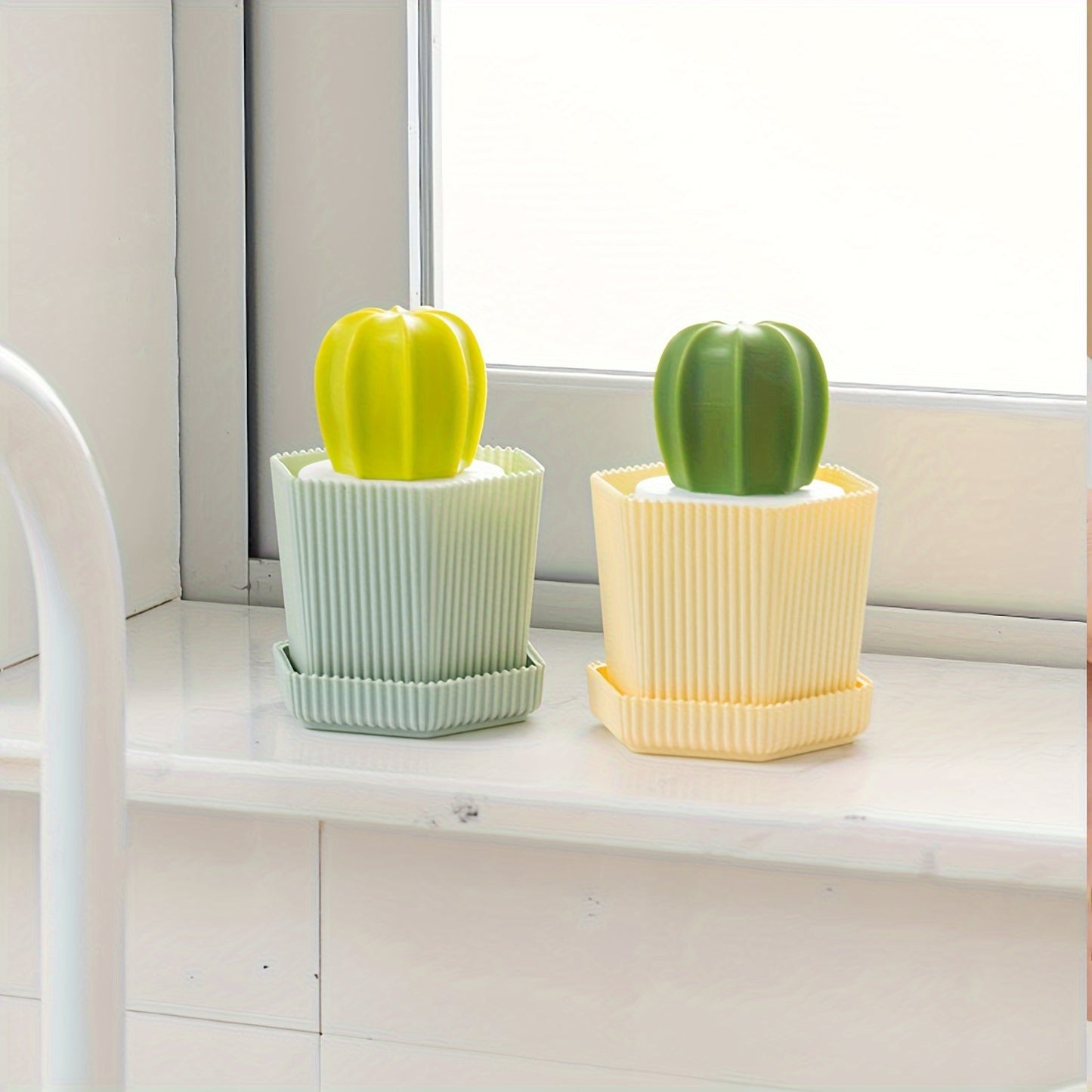 5pcs Durable Cactus Mini Brush Set with Drip Tray - Kitchen Scrubbers for Dishes, Pots & Sinks with 3 Replaceable Heads