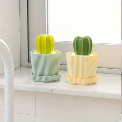 5pcs Durable Cactus Mini Brush Set with Drip Tray - Kitchen Scrubbers for Dishes, Pots & Sinks with 3 Replaceable Heads