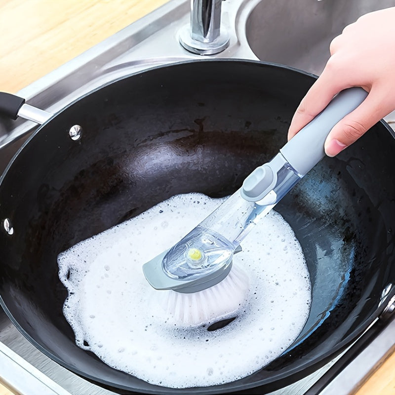 3pcs Set of Long-Handle Dishwashing Brushes with Liquid Soap Dispenser, Durable Scrubbing Sponge for Kitchen Cleaning, Easy-Fill Pot Washing Cleaning Brush Tool, Cleaning Supplies.
