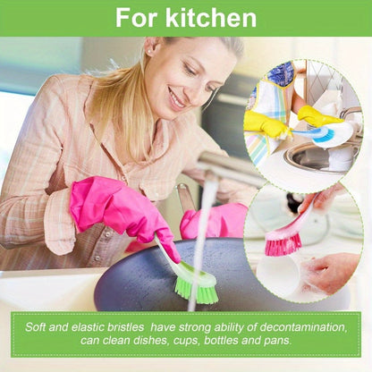 5pcs Long Handle Dish Brushes in Assorted Colors with Suction Cup Base - Durable Plastic, Ergonomic Grip for Kitchen & Bathroom Cleaning, Multipurpose Cleaner|Colorful Design|Durable Plastic Brush, Cleaning Brush